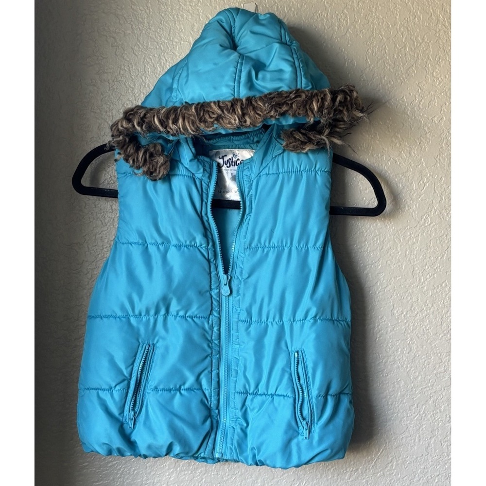 Justice Girl's Puffer Jacket Hooded Vest Size 8 Turquoise Blue